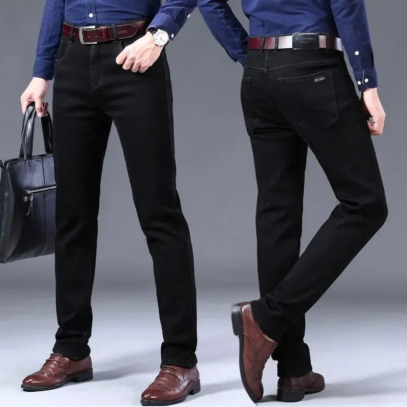 2025 New Business Casual Trousers Grey Fleece Men Clothes Black Blue Elasticity Warm Winter Jeans Velvet Jeans 28-40