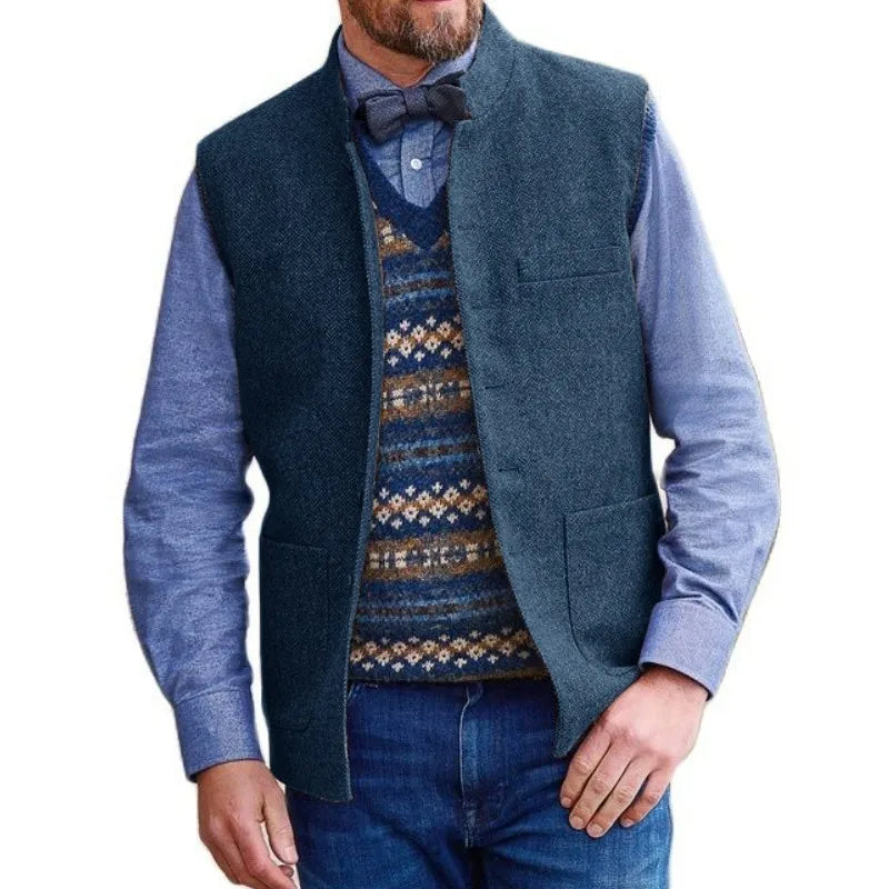 Men Vest Brown Herringbone Single Button Stand Collar Waistcoat For Wedding Business Banquet Work Daily Casual Men Suit Vest