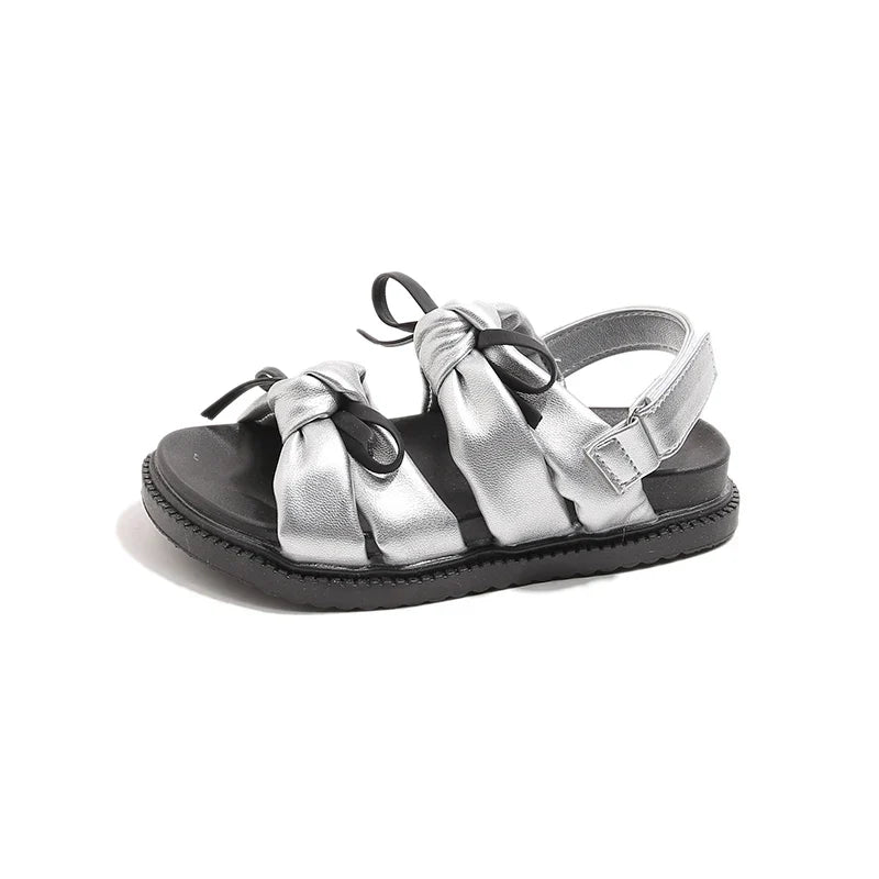 2026 Summer Girls Princess Sandals with Double Bow-knots Soft Fashion Classic Kids Summer Beach Shoes Open Toes Sweet Anti-skid