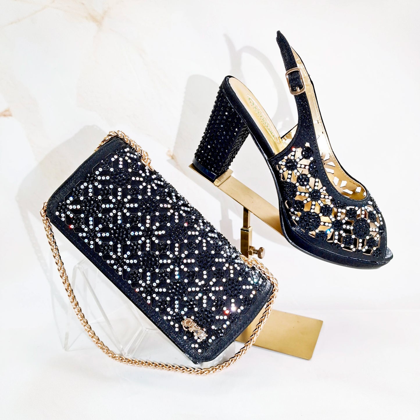2025 New Rhinestone Design African-Inspired Shoe and Bag Set Olive Toe-Exposing Comfortable Women's High Heels Trending on INS