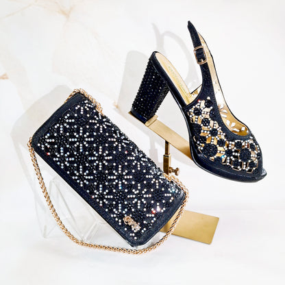 2025 New Rhinestone Design African-Inspired Shoe and Bag Set Olive Toe-Exposing Comfortable Women's High Heels Trending on INS