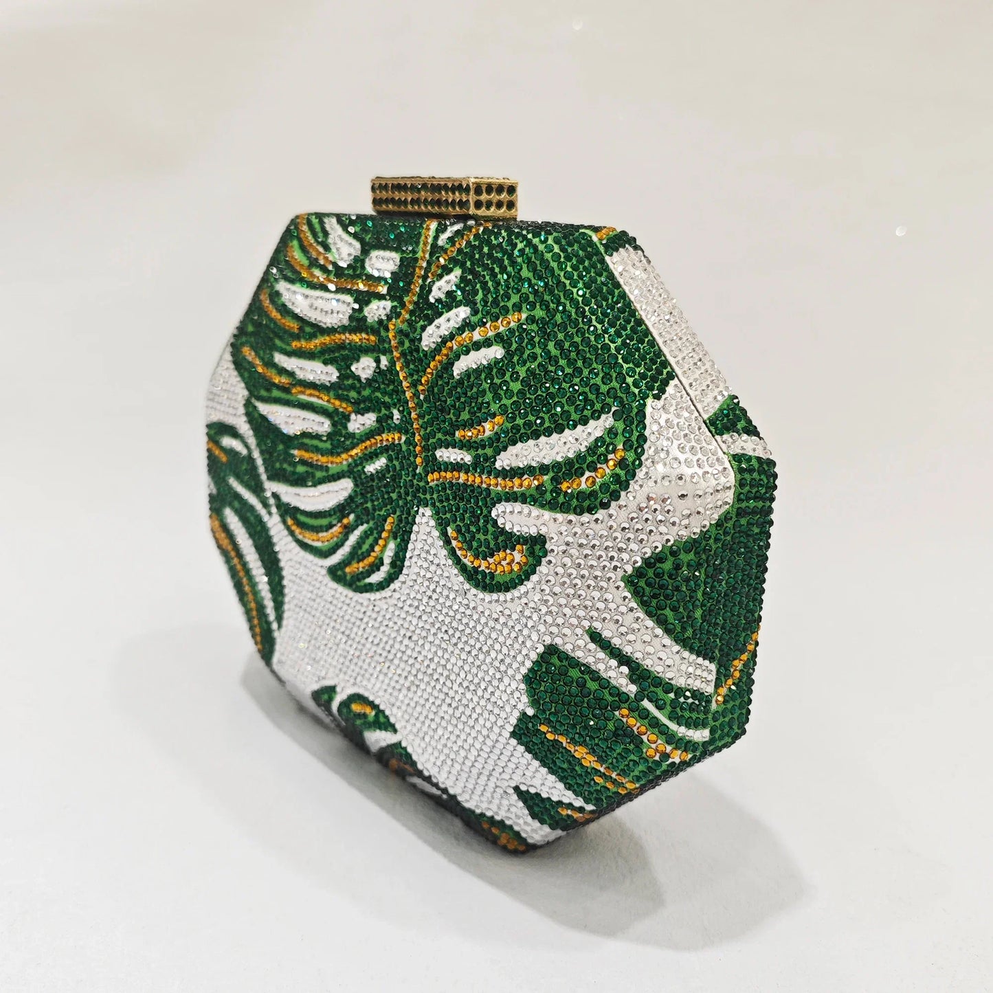 Green Leaf Diamond Evening Bag Gold Crystal Wedding Prom Clutches Formal Lady Rhinetone Chain Shoulder Handbags Party Purse