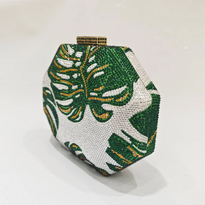 Green Leaf Diamond Evening Bag Gold Crystal Wedding Prom Clutches Formal Lady Rhinetone Chain Shoulder Handbags Party Purse