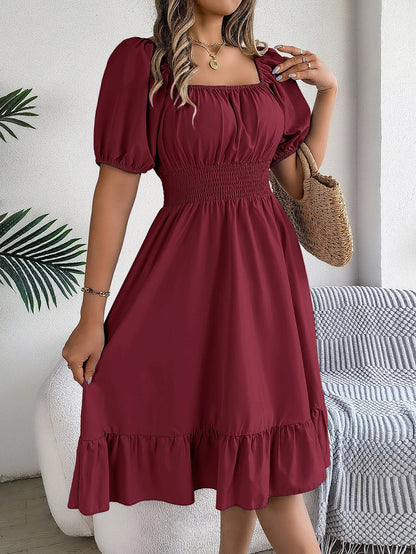 Spring Summer Elegant High Waisted Dress Square Neck Short Sleeved Ruffled Edge Long Dresses 2026 Valentine's Day Woman Clothing