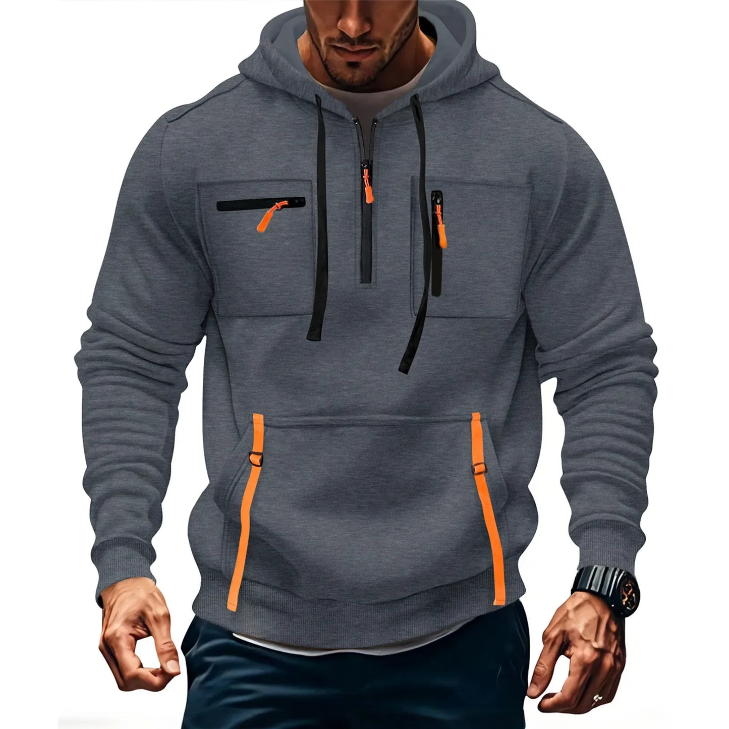 Men's Casual Sports Hoodie 2025 New Fashion Pocket Zipper Hooded Sweatshirt Solid Color Loose Coat Outdoor Running Streetwear