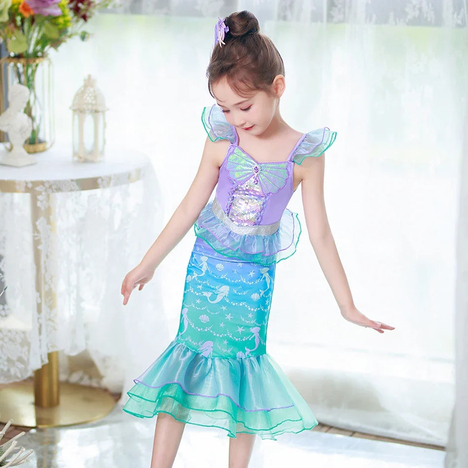Halloween Costume Mermaid Dress Girl Ruffles Shell Fishtail Frocks Ariel Fantasy Luxury Princess Gown Children Fancy Fairy Dress
