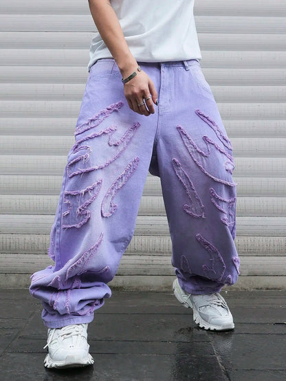 High-Street Style Purple Distressed Frayed Jeans for Men, Loose, Trendy Street Hip-Hop Wide-Leg Pants