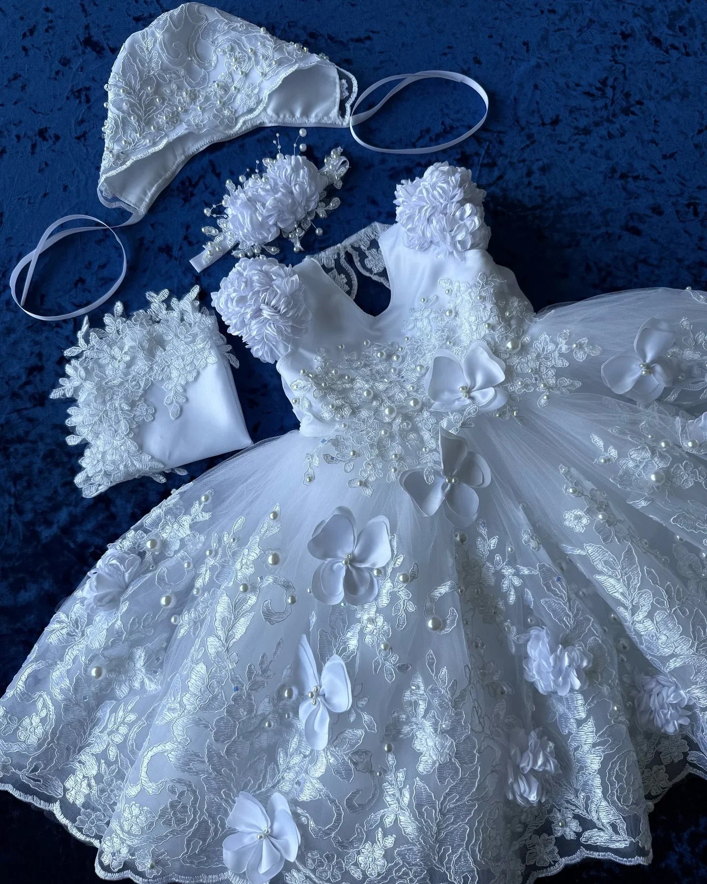 Cute Lace Baptism Christening Gown With Bonnet Outfit Baby Girls White Party Birthday Gown Wedding 3D Flower Girl Dress