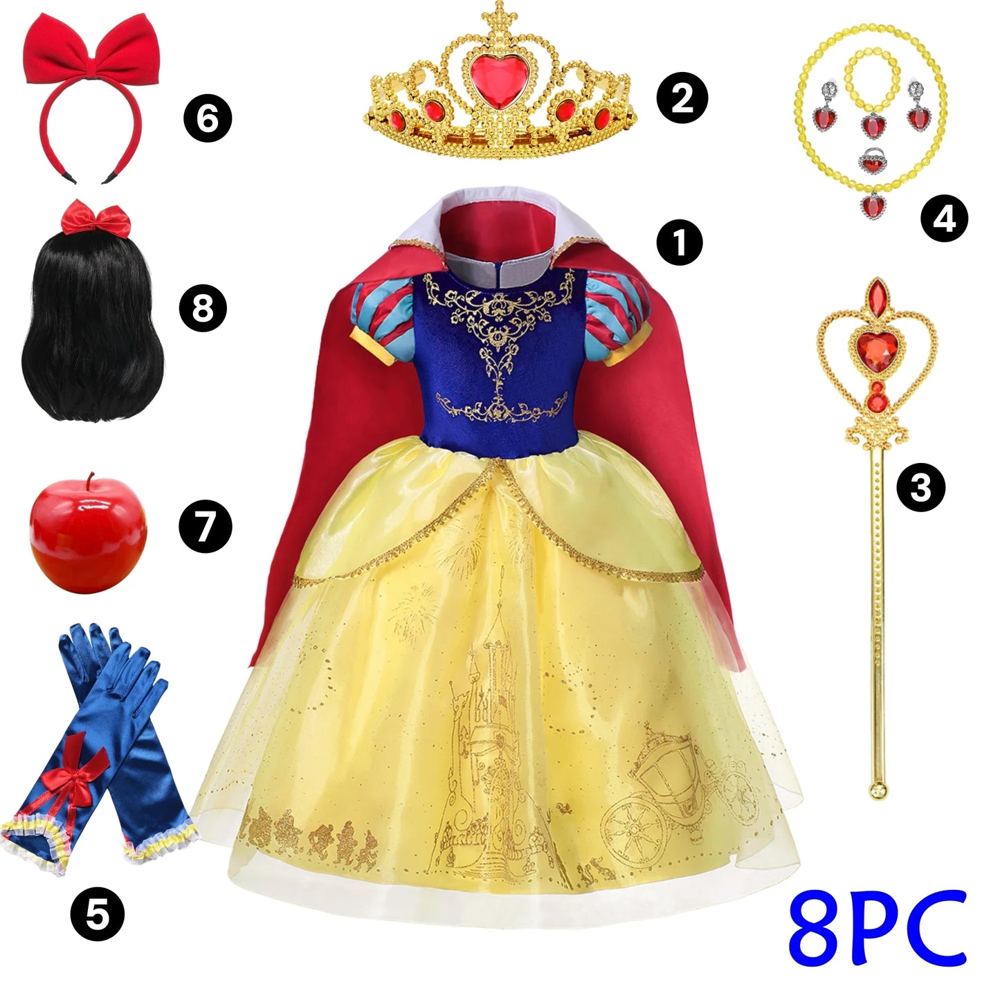 Deluxe Snow White Gown Set with Accessories Princess Costume Fairy Cosplay for Girls Kids Toddler Carnival Party Vestido