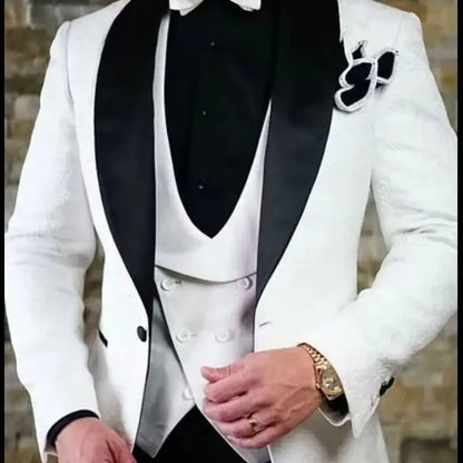 Fashion Jacquard 3-Piece Men's Tuxedo Suit with Shawl Lapel Slim Fit Blazer Vest Pants for Business Wedding Prom Party