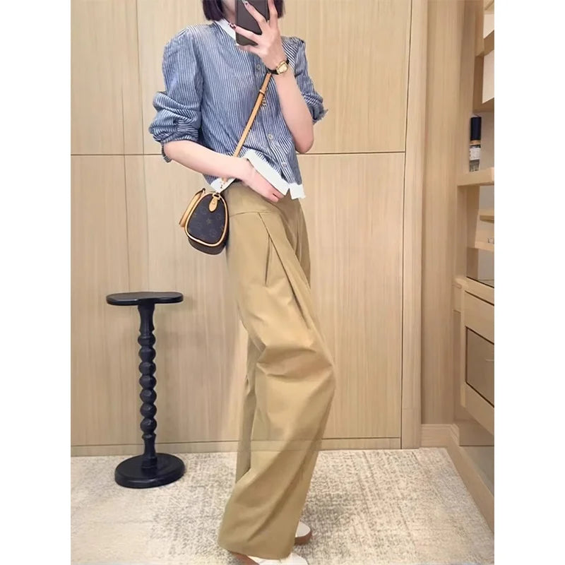 Khaki Casual Pants Women plus Size 200 Pou Loose Straight Leg High Waist Slimming Wide Leg Pants Commute Sle Korean Version