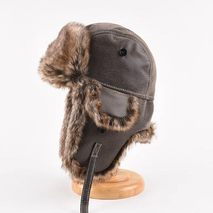 New Leather Winter Hat Faux Fur Lined Pilot Ski Ushanka Thicken Warm Windproof Snow Cap With Ear Flap Men's Hats & Caps
