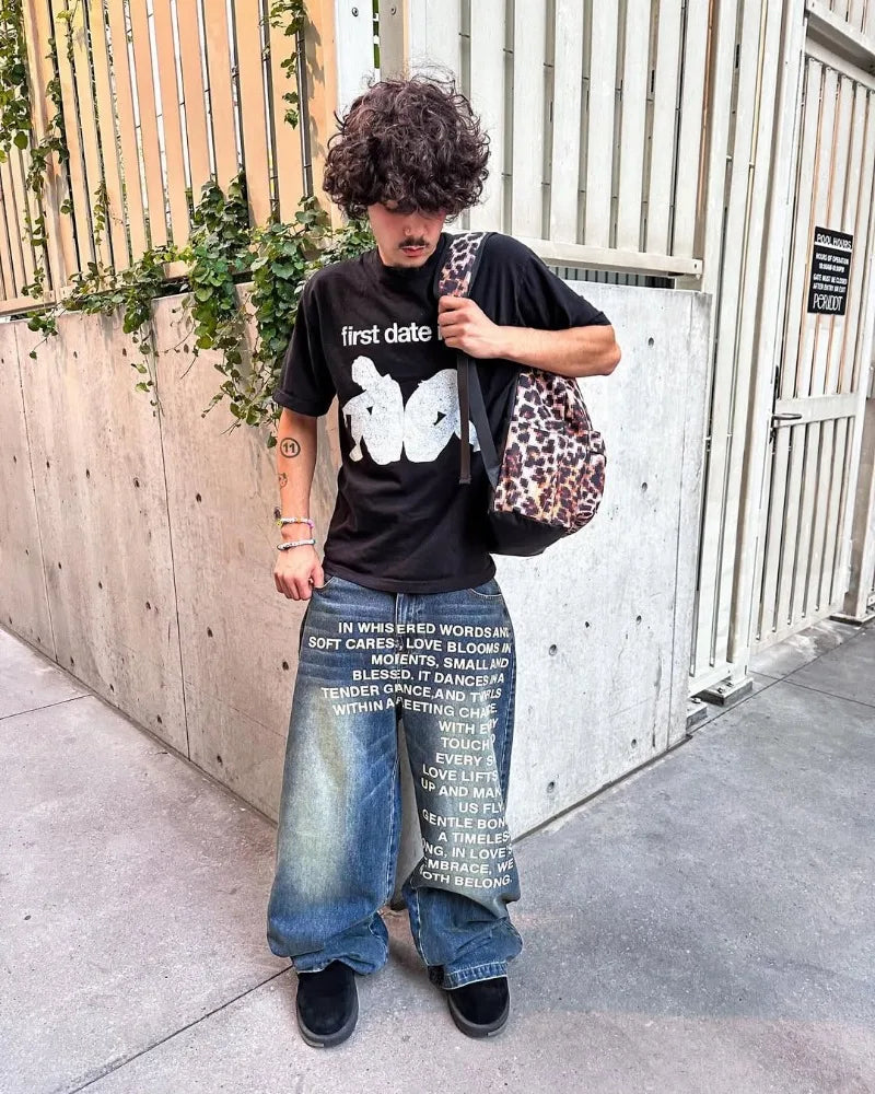 Y2K Men Jeans Vintage American Pattern Letter Jeans Streetwear Gothic Harajuku Hip Hop Men Women Fashion Casual Wide Leg Jeans