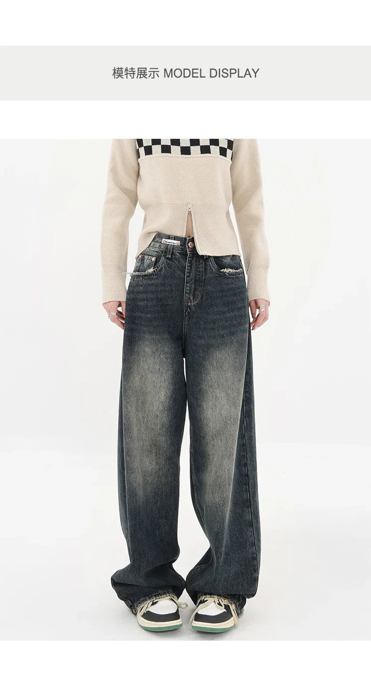 Harajuku Streetwear Retro Fashion Autumn Women High Waist Jeans Loose Wide Leg Straight Loose Denim Trousers Y2K Baggy Pants