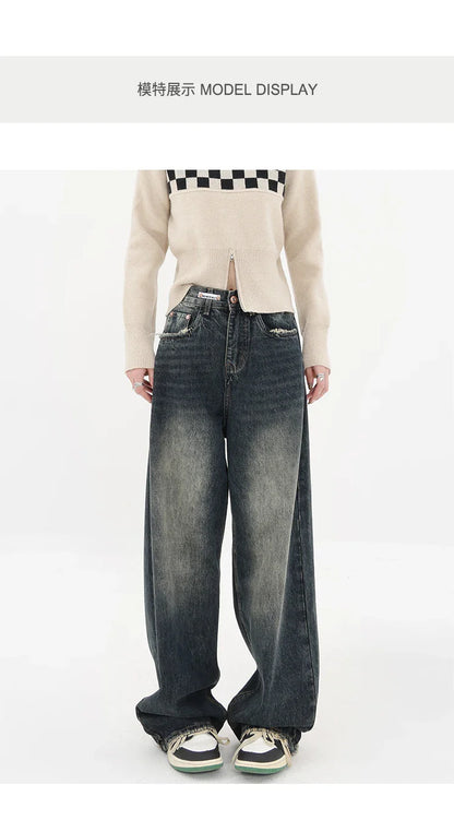 Harajuku Streetwear Retro Fashion Autumn Women High Waist Jeans Loose Wide Leg Straight Loose Denim Trousers Y2K Baggy Pants