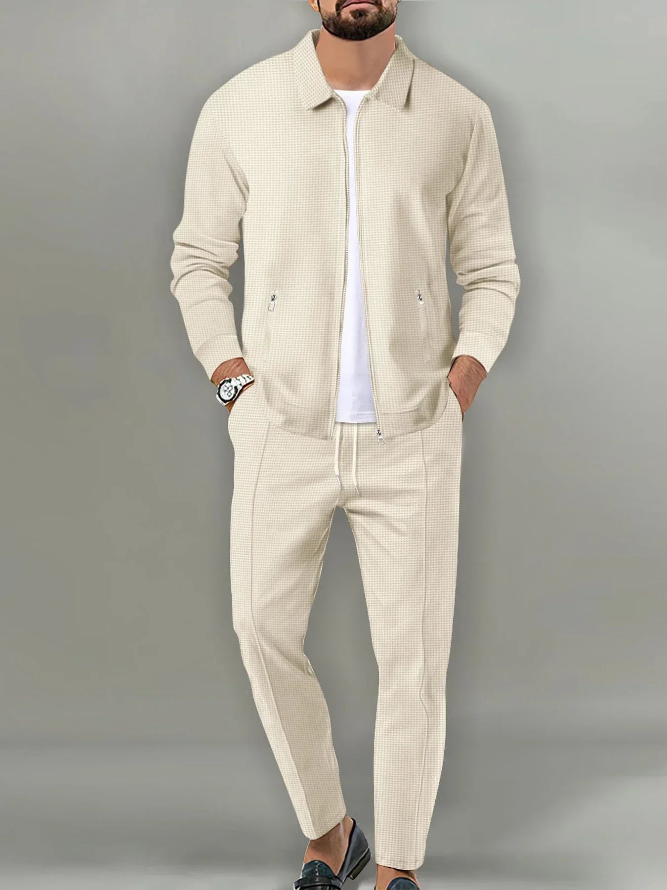 Men's Casual Solid Color Zipper Jacket and Pants Suit - Breathable Polyester Fiber for Spring/Autumn