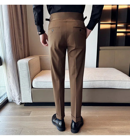 Autumn Winter High Waist Business Dress Pants Men Casual Belt Design Slim Suit Pants Formal Wedding Social Party Male Trousers