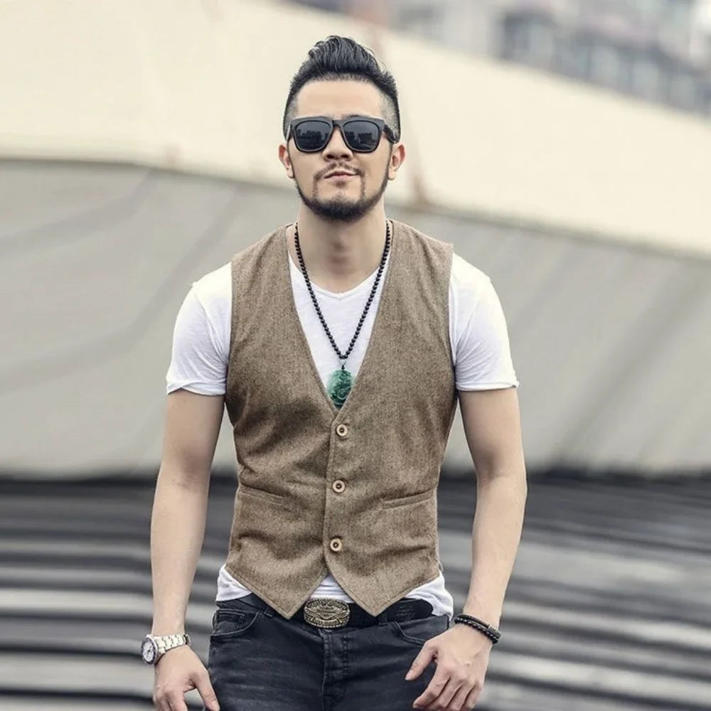 V Neck Men's Linen Vest Single Breasted Vintage Real Pocket Men's Summer Linen Waistcoat For Wedding