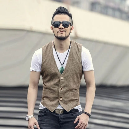 V Neck Men's Linen Vest Single Breasted Vintage Real Pocket Men's Summer Linen Waistcoat For Wedding