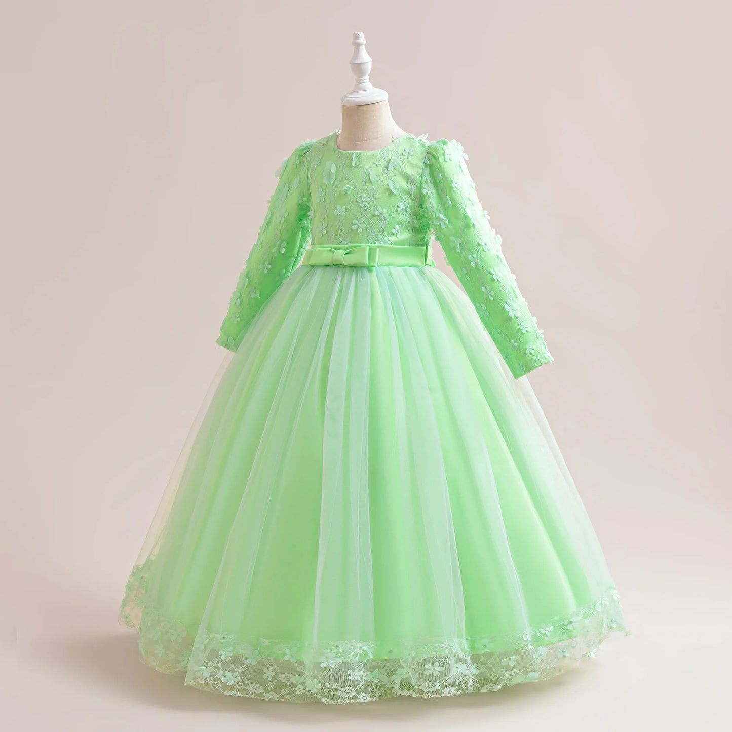 Long Sleeve Flower Bridesmaid Girls Dress Children Christmas Costume Lace Bow Princess Kids Dressees For Girl Party Wedding Gown