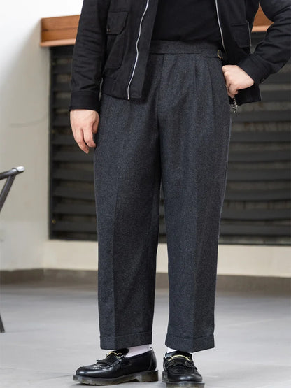 Dark Gray Cashmere Fabric Asymmetric Parisian Button Loose Straight-Leg Casual Pants Men's Trousers Retro Style Versatile