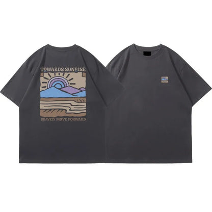 American Retro Pattern Printed Short-sleeved Crew Neck Cotton T-shirt Unisex Top Casual Loose Fashion Streetwear Top
