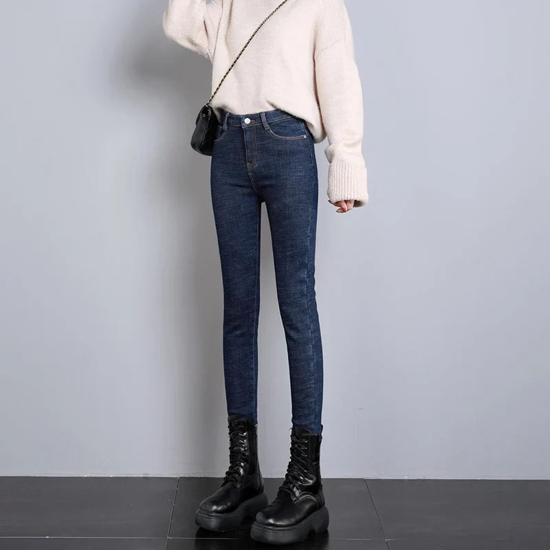 2023 Fashion Women Stretch High Waist Pencil Pants Casual Female Velvet Jeans High Quality Fleece Mom Jeans Thick Plush Pants