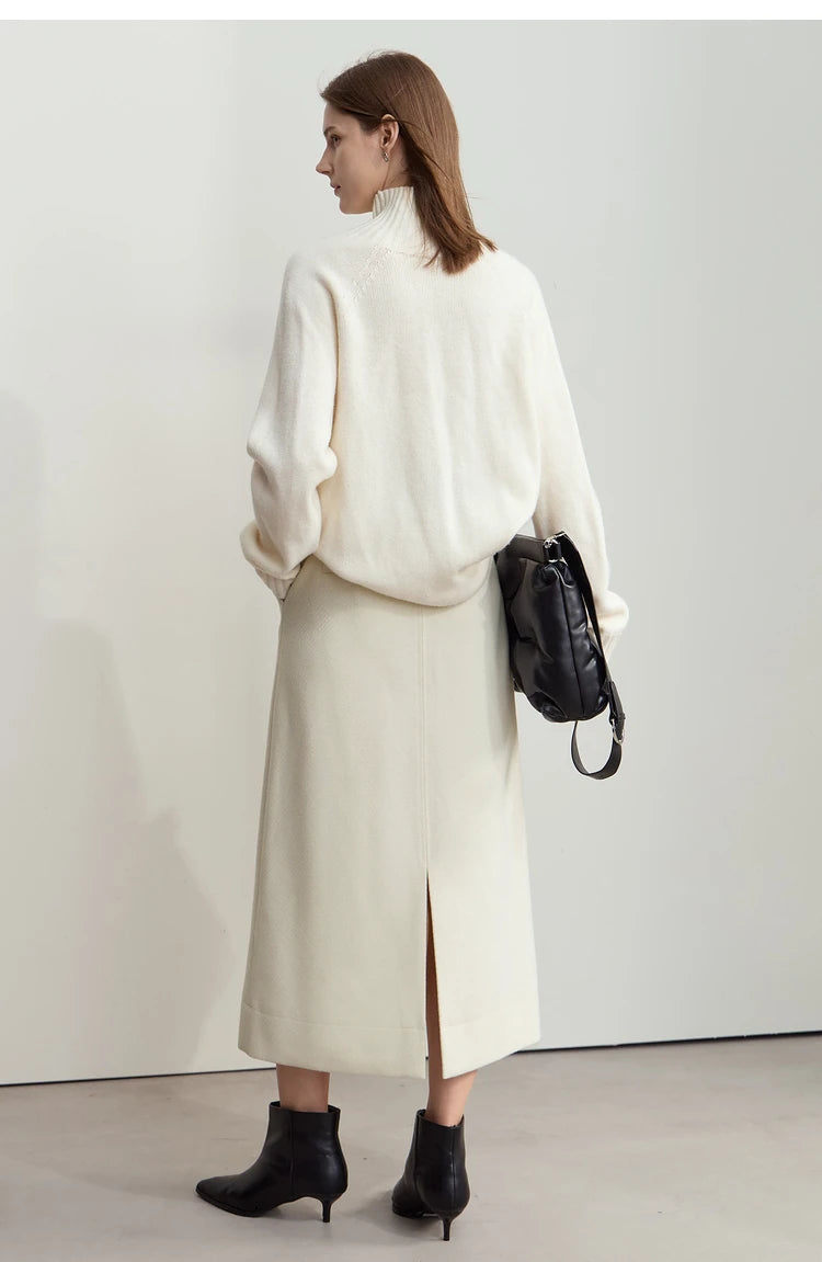 Minimalism Women's Elegant Commuter Skirts with Velvet Belt 2024 Winter Twill Fabric Warm Slit Straight Midi Skirt 12444183