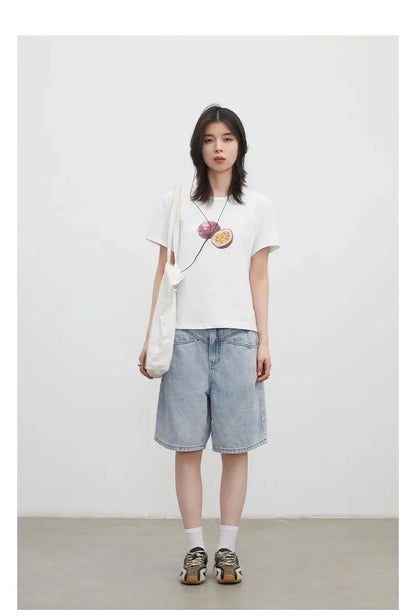 Fashion Women Shorts Mid-length Blue New Dividing Line Design Retro Washed Cotton Straight Leg Short Jeans Summer 2026