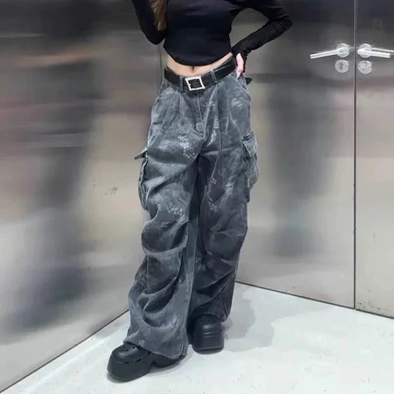Loose Pocket Jeans Womens Cargo Workwear Camouflage American Style 2025 Autumn Winter High Waist Straight Leg Casual Pants