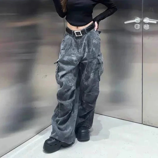 Loose Pocket Jeans Womens Cargo Workwear Camouflage American Style 2025 Autumn Winter High Waist Straight Leg Casual Pants