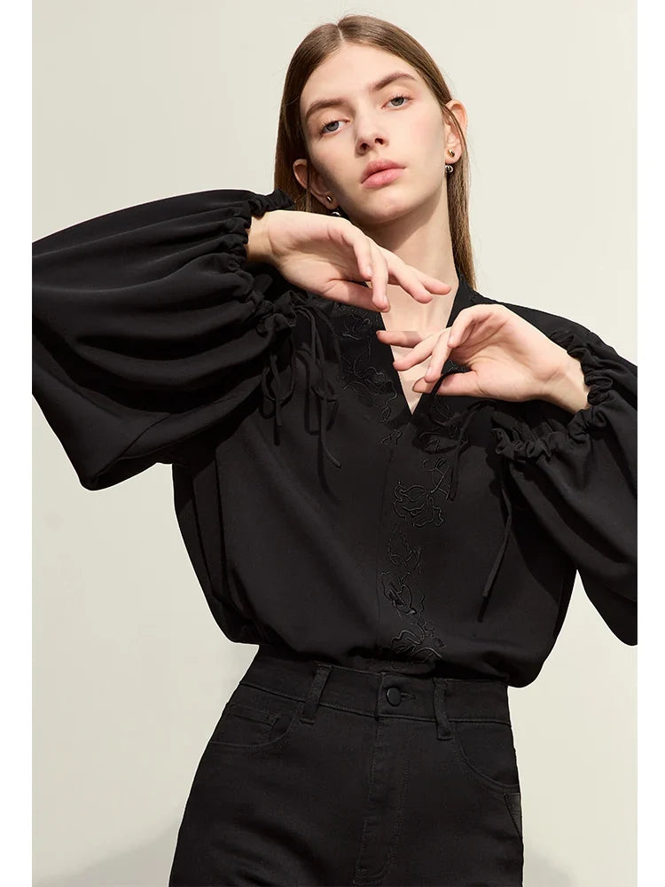 Chiffon Women's Blouse 2025 Autumn New V-neck Letter Embroidered Top Elegant Lantern Sleeve Loose Women's Shirt 12421028