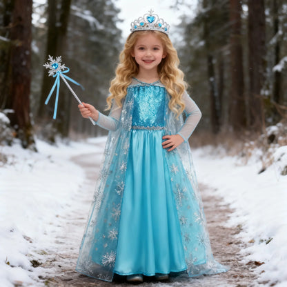 Girls Cosplay Snow Queen Elsa Snowflake Cape Costumes Kids Carnival Party Prom Gown Children Clothes Elsa Princess Dresses