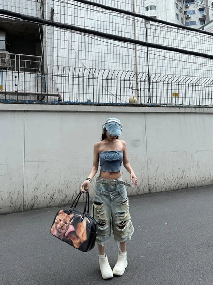 Women Y2k Ripped Jeans Harajuku Wasteland Style Baggy Denim Trouser Vintage Boyfriend Oversize Jean Pants Japanese 2000s Clothes