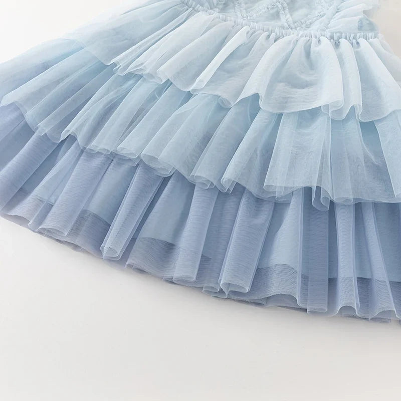 Girl's Princess Dress 2025 New Summer Children's Baby Sleeveless Blue Mesh Layered Dress Cute Sweet Party DB2240502