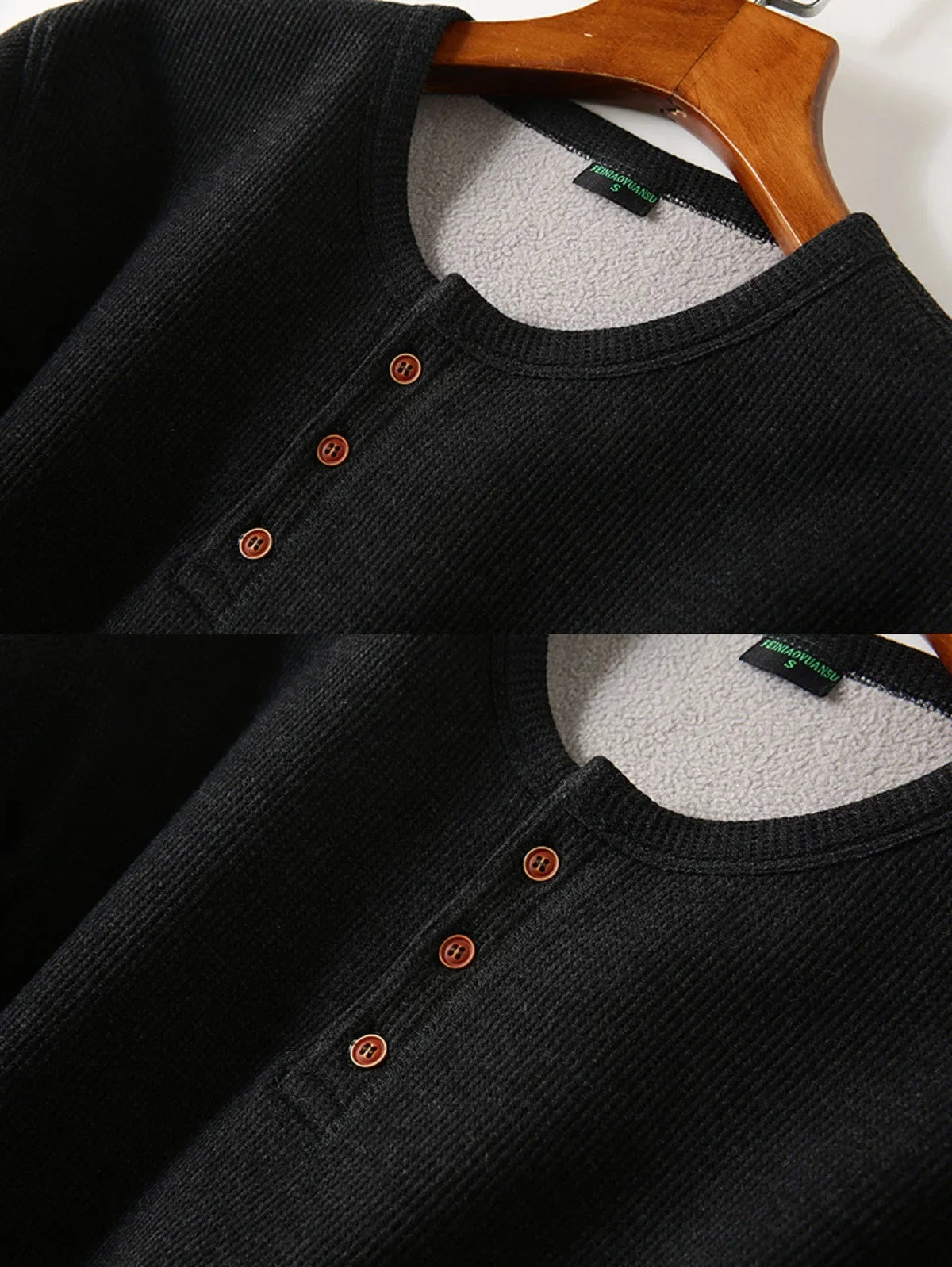 Men's Fleece - Lined Thickened Long - Sleeved Henley Neck Waffle Knit T - Shirt