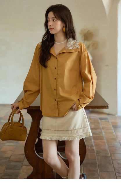 Autumn Solid Cotton Shirt Autumn V-neck Double-layer Lace Retro Design Shirts Single Breasted Tops Office Lady MXE41C2366