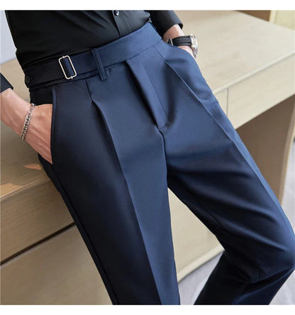 2026 Texture Naples Men's Solid Color Casual Pants Fashion Belt Design Slim Fit Suit Pants Formal Wear Wedding Social Trousers