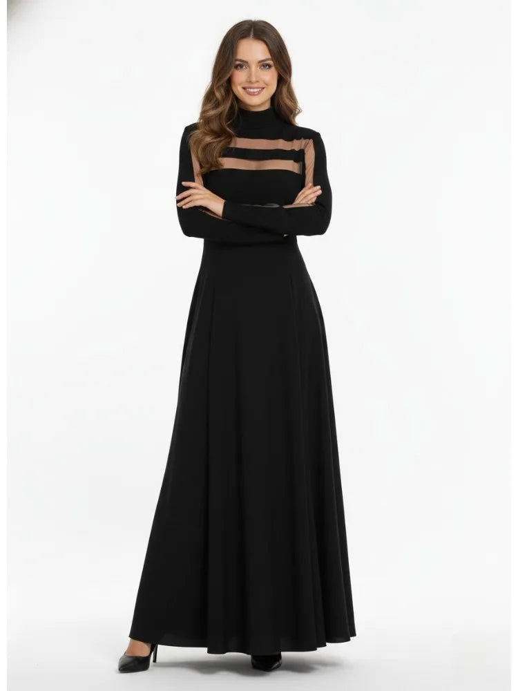 Freeacy Women's Black High Neck Long Sleeve High Waist Flared Maxi Gown See-through High-End Evening Dresses 2026 Party Dress