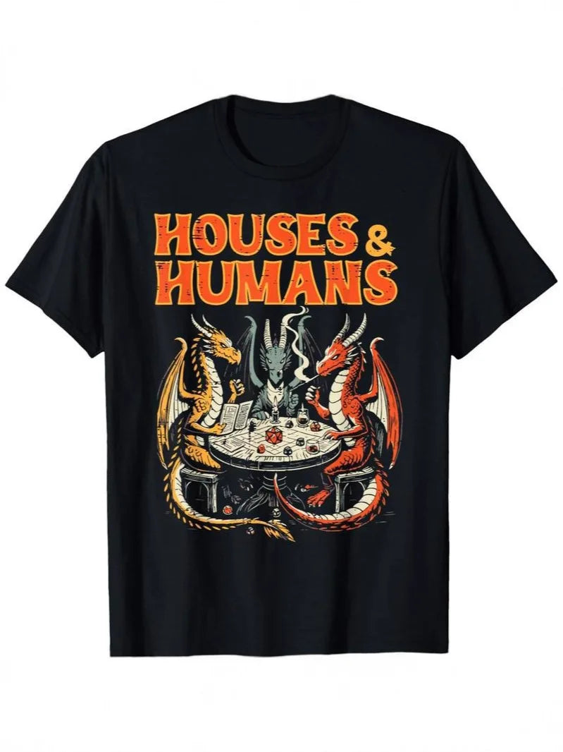 Men's fun "Dungeons and Dragons" inspired T-shirt Houses and humans spoof game player tops with dragons and wizards