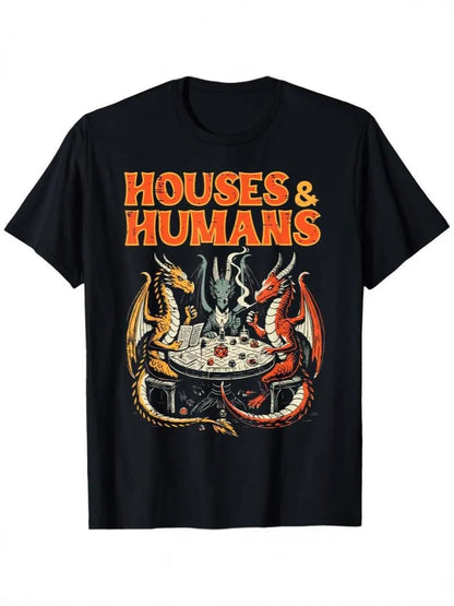 Men's fun "Dungeons and Dragons" inspired T-shirt Houses and humans spoof game player tops with dragons and wizards