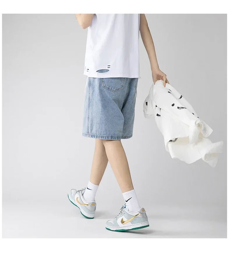 Wide Baggy Denim Shorts Men Summer Thin Solid Color Casual Loose Knee-length Pants Male Jeans Shorts Streetwear