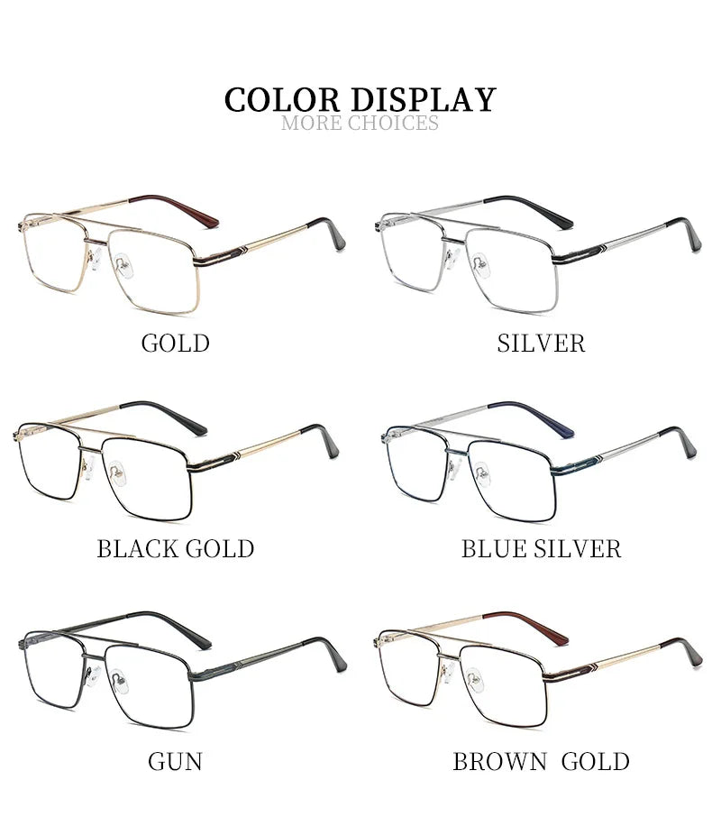 Classic Business Men's Metal Geometric Square Frame Eyewear Customizable Prescription Blue Light Protection Eyewear
