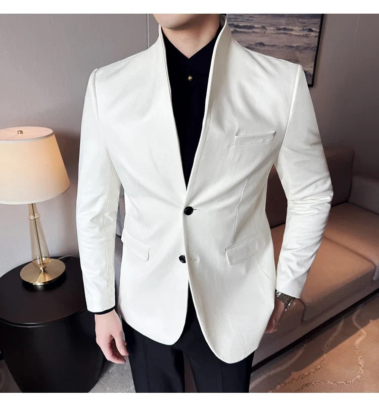 New Blazer Cowhide Velvet Korean Version Business Slim Fit Suit Stand Collar Fashionable Casual Suit Jacket Men Formal Clothing