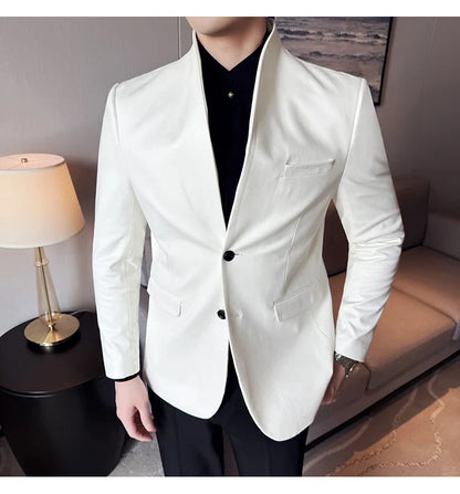 New Blazer Cowhide Velvet Korean Version Business Slim Fit Suit Stand Collar Fashionable Casual Suit Jacket Men Formal Clothing