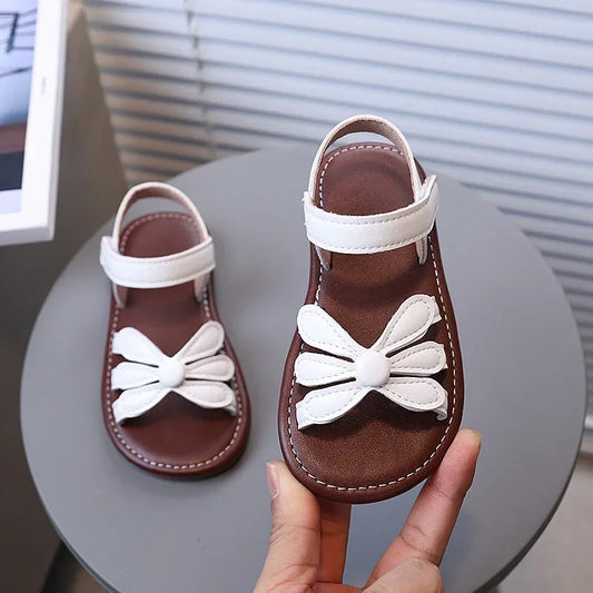 Girls Sandals Hook&loop Kids Beach Shoes Soild Color Versatile 2025 Summer Girls Princess Shoes Retro Sweet Flowers Korean Style