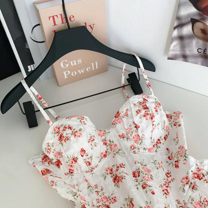 French Corset Print Beach Tank Top Female Strap Irregular Slim Hotsweet Camis Streetwear Vacation Bohe Sexy MIni Top