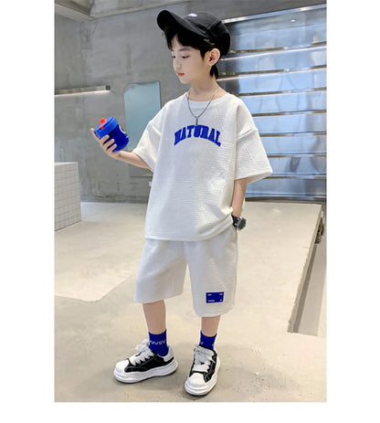 Boys Summer Casual Sets Thin Handsome T-shirt + Loose Shorts 2Pcs Kids Sportswear Loungewear Outfit Teenager Suit 5-14 Years