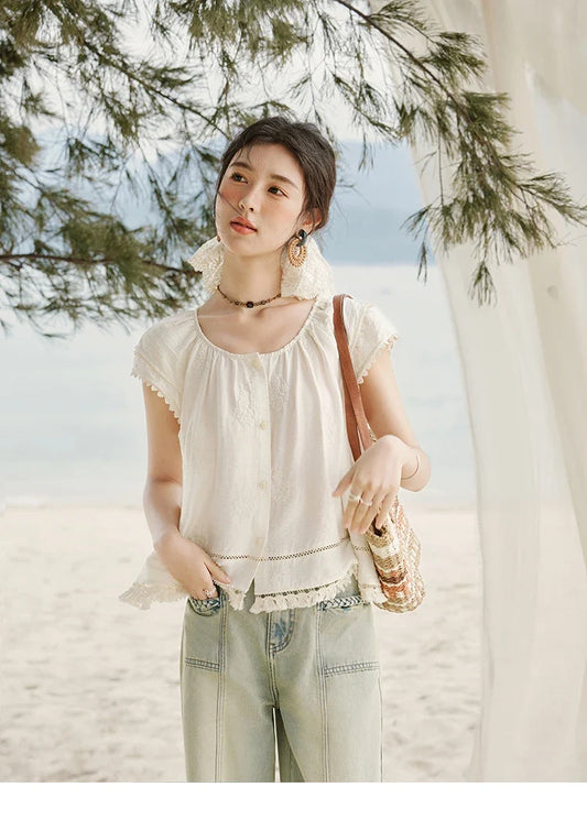 Embroidered French Shirt Women Summer 2025 Short Sleeve Round Neck Solid Blouses Female Fashion New Tops Lady MXE33X1744