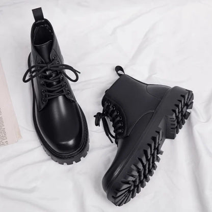 Black Men's Casual Leather Boots Fashion Winter Men Work Boot Mens Shoes Non-slip Designer High Top Ankle Boots Motorcycle Shoes